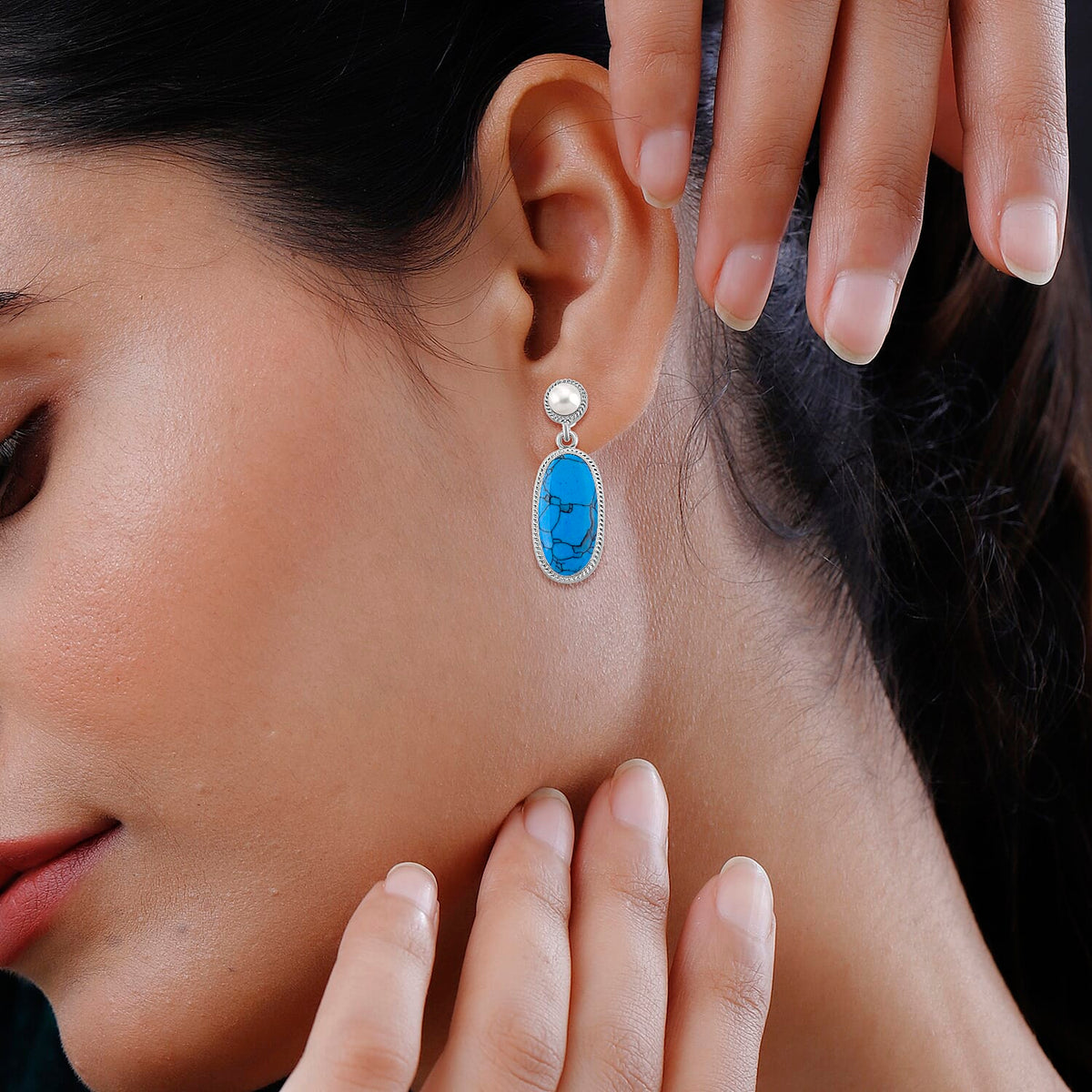 Blue Howlite &amp; White Fresh Water Pearl Earring with Push Back 30.00 Ct. V32636944 2