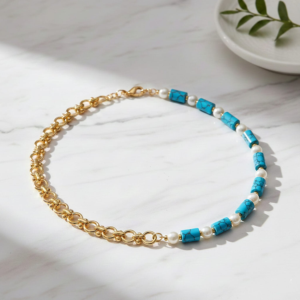 Blue Howlite & White Shell Pearl Beads Necklace (Size - 20) 140.00 Ct.