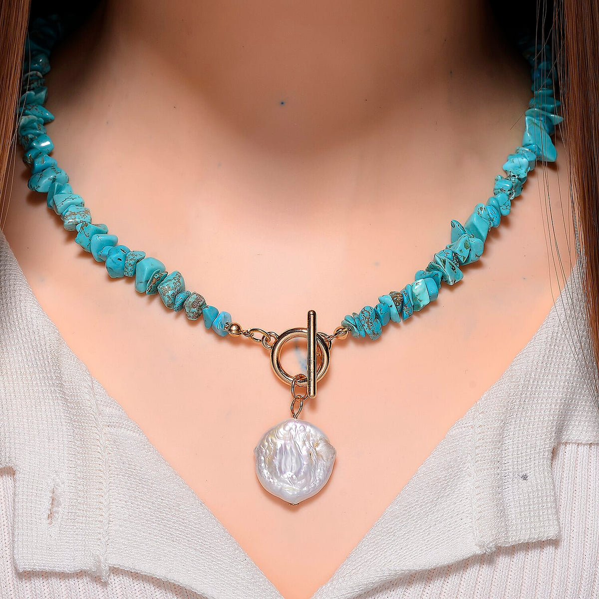 Turquoise White Shell Pearl T-Bar Clasp Necklace (Size - 20) 125.01 Ct. 8143628 2