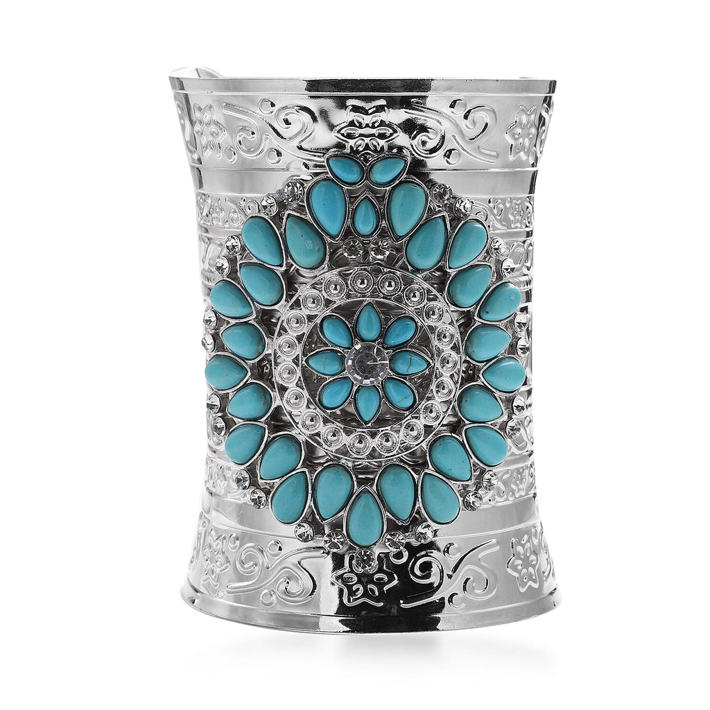 Blue Howlite and White Austrian Crystal Bangle (Size 7.5) in Silver Tone