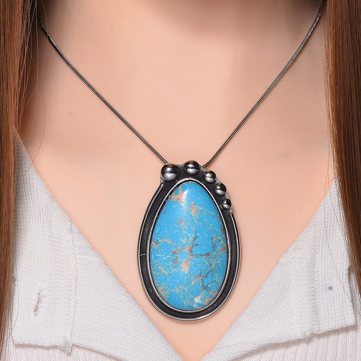 Pear Shape Blue Imperial Jasper Necklace (Size - 24 - 4 Ext) with Oxidized 50.00 Ct. 7670006 2