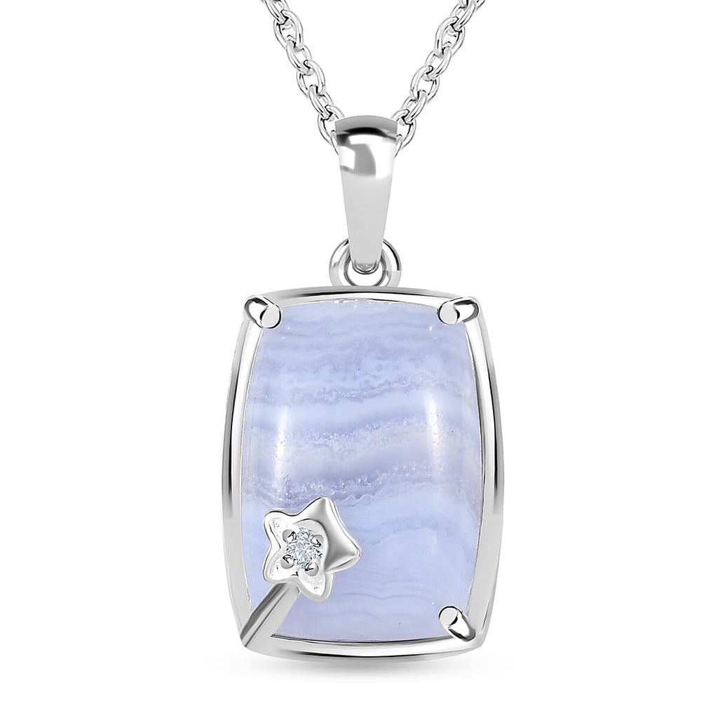 Blue Lace Agate and Natural Zircon Sterling Silver Pendant with Chain (Size 20)