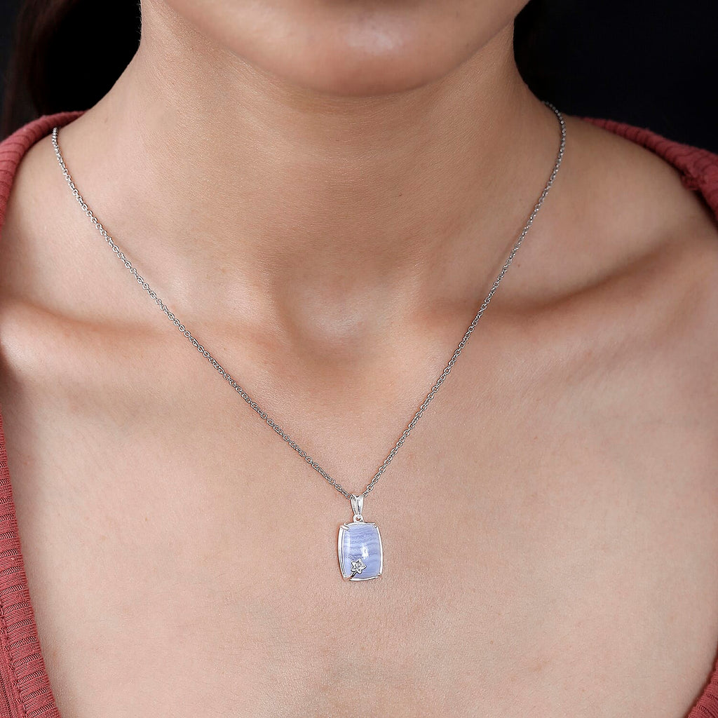 Blue Lace Agate and Natural Zircon Sterling Silver Pendant with Chain (Size 20)