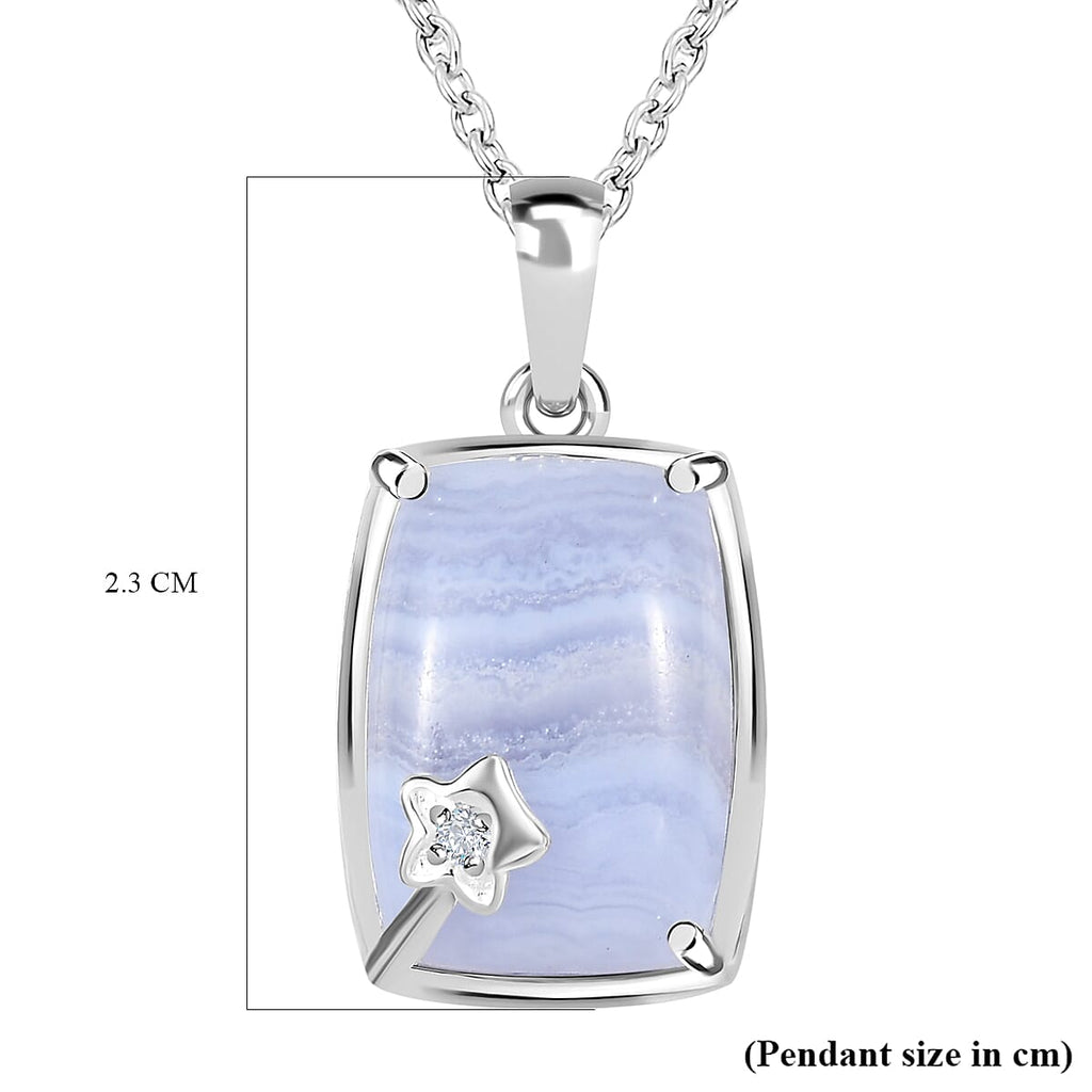 Blue Lace Agate and Natural Zircon Sterling Silver Pendant with Chain (Size 20)