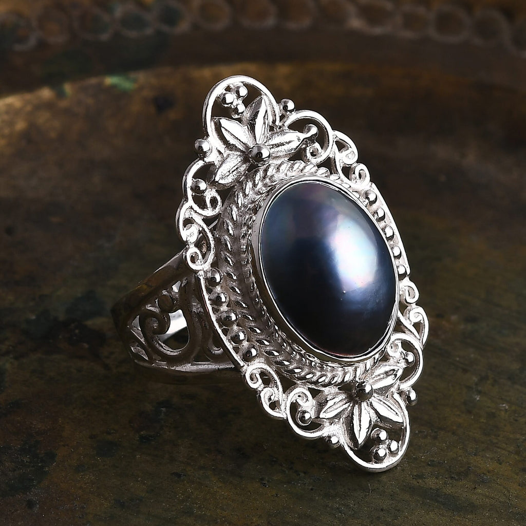 Royal Bali Collection Blue Mabe Pearl Ring in Sterling Silver 4.77 Ct, Silver Wt. 8.48 Gms.