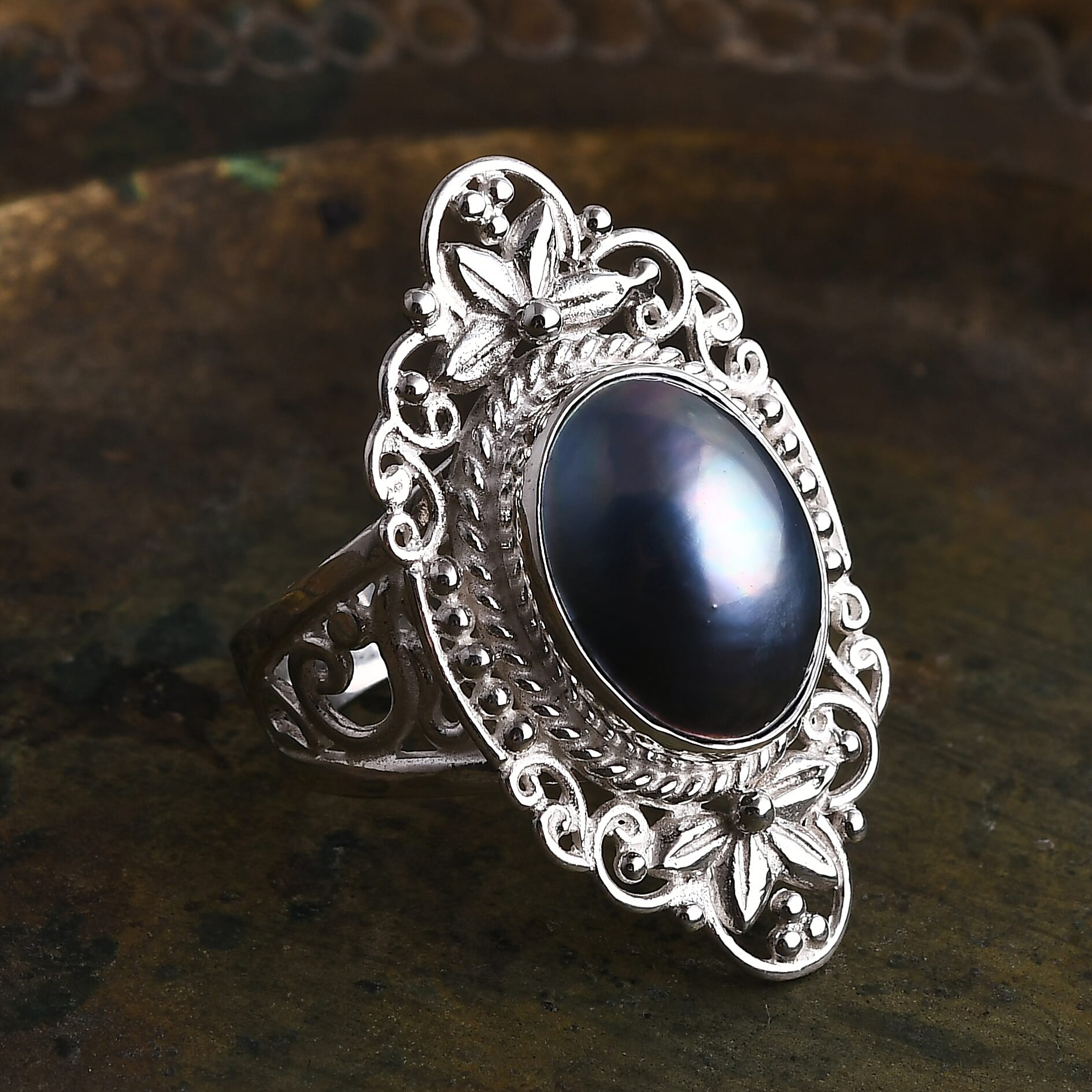D'joy Royal Bali Collection Blue Mabe Pearl Ring in Sterling Silver 4.77 Ct. 8234761 1