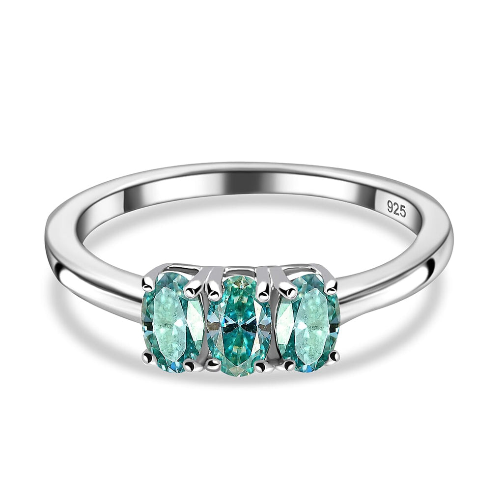 One Time Exclusive - Premium Blue Moissanite 3 Stone Bypass Ring in Platinum Overlay Sterling Silver