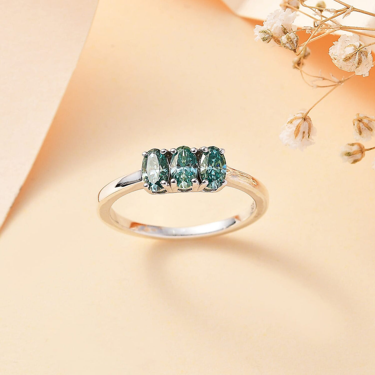 One Time Exclusive - Premium Paraiba Moissanite 3 Stone Ring in Platinum Overlay Sterling Silver 7796142 2