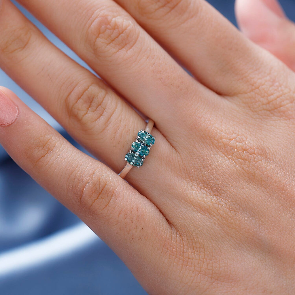 One Time Exclusive - Premium Blue Moissanite 3 Stone Bypass Ring in Platinum Overlay Sterling Silver
