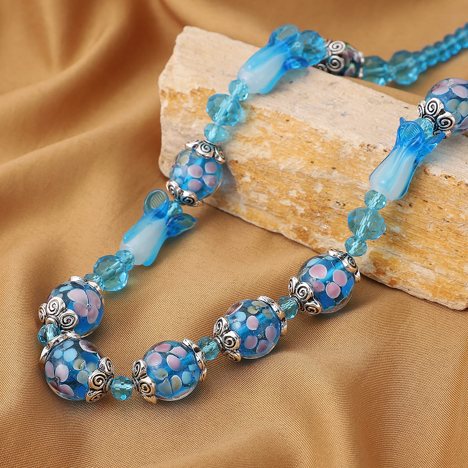 Blue Murano Style Glass and Aquamarine Beaded Necklace in Silver Plated 26 with 3 inch Extender 3505469 2