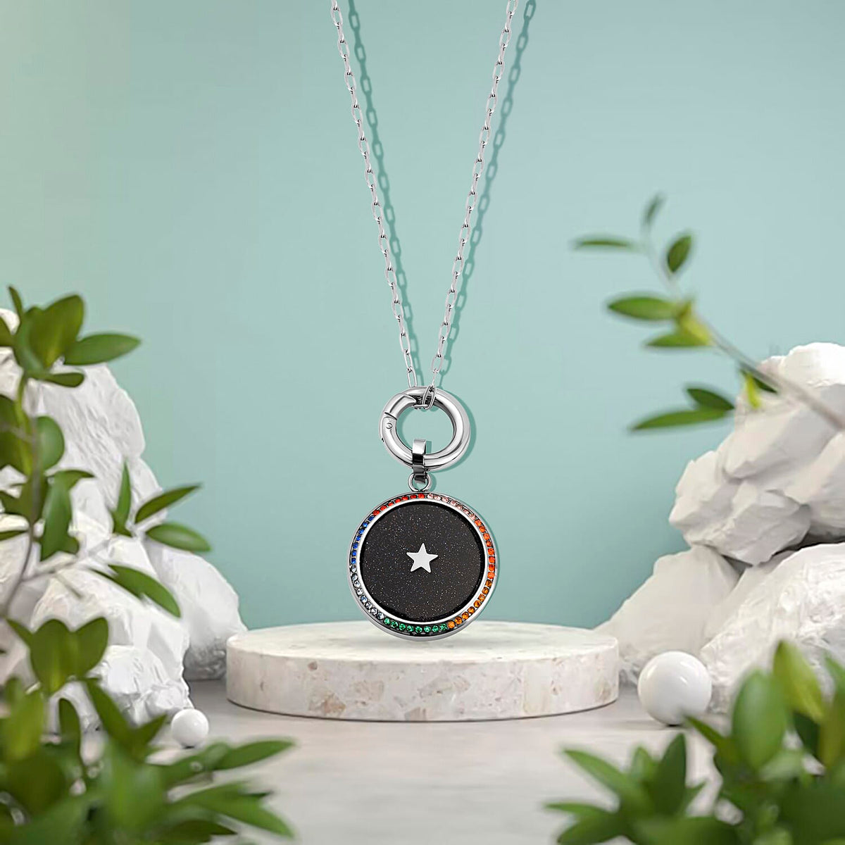 Blue Sandstone and Multi Colour Austrian Crystal Pendant with Chain (Size 24) in Silver Tone 4123788 4
