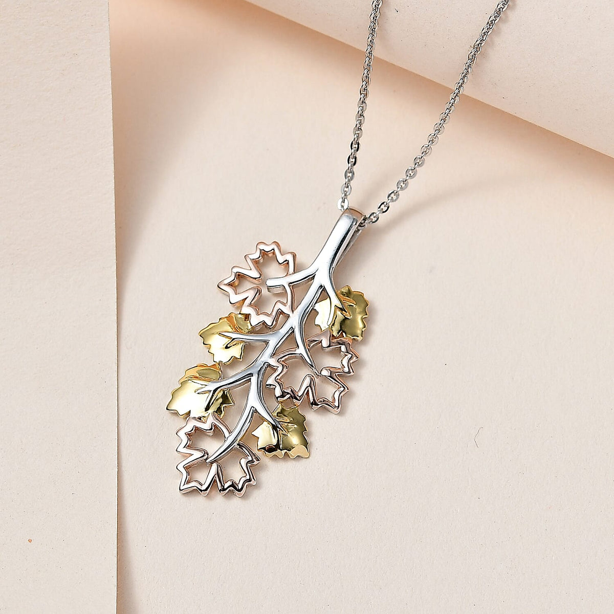 GP Maple Leaf Collection - Leaf Pendant with Chain (Size 20) in 18K Vermeil Yellow &amp; Rose Gold Plated and Platinum Overlay Sterling Silver 4217824 3