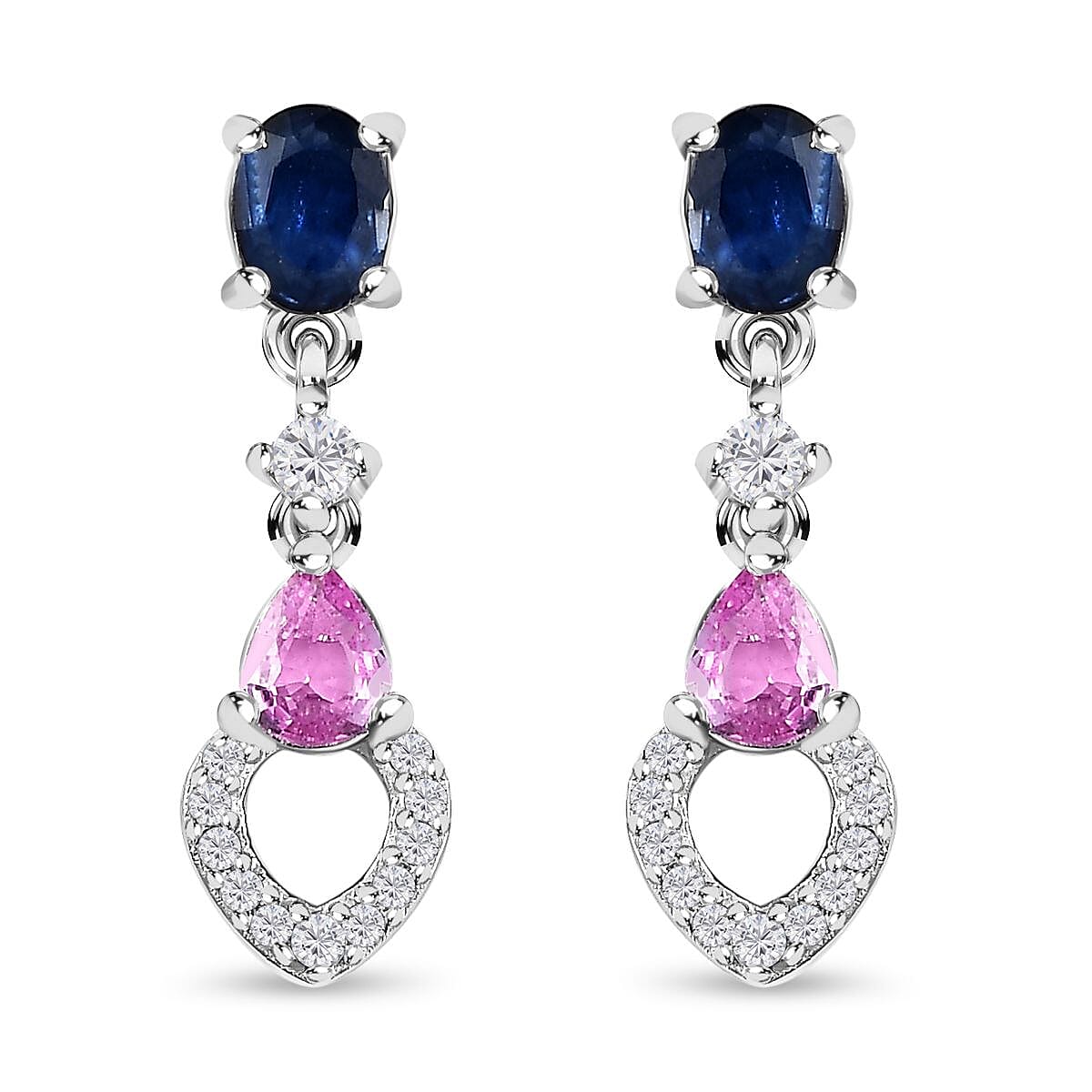 Blue Sapphire, Pink Sapphire &amp; Moissanite Earrings in Platinum Overlay Sterling Silver 1.59 Ct 7598824 0