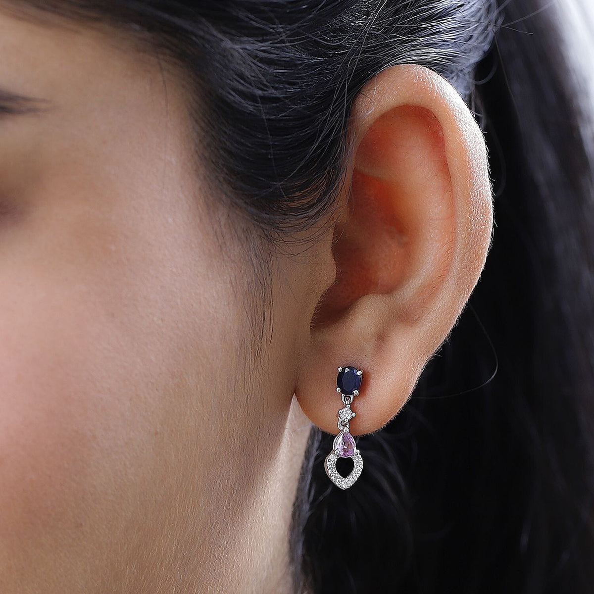 Blue Sapphire, Pink Sapphire &amp; Moissanite Earrings in Platinum Overlay Sterling Silver 1.59 Ct 7598824 2