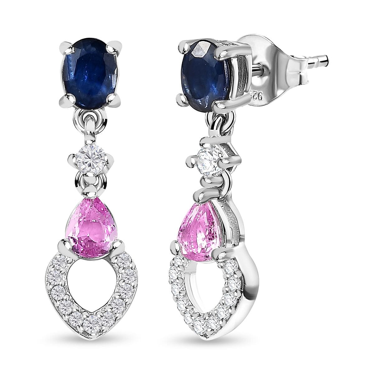 Blue Sapphire, Pink Sapphire &amp; Moissanite Earrings in Platinum Overlay Sterling Silver 1.59 Ct 7598824 3