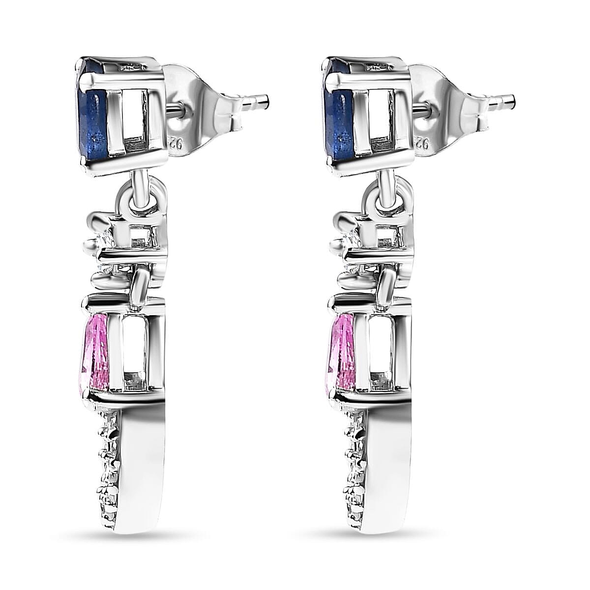 Blue Sapphire, Pink Sapphire &amp; Moissanite Earrings in Platinum Overlay Sterling Silver 1.59 Ct 7598824 4