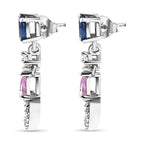 Blue Sapphire, Pink Sapphire & Moissanite Earrings in Platinum Overlay Sterling Silver 1.59 Ct
