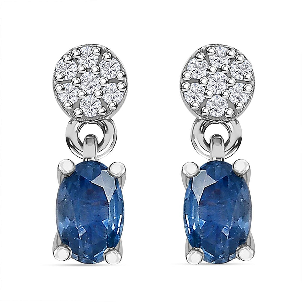 Blue Sapphire & Natural Zircon Earrings in Platinum Overlay Sterling Silver