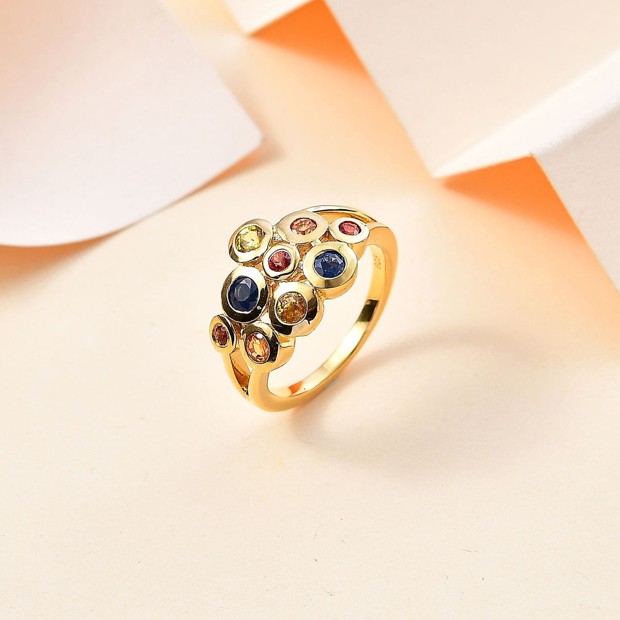 Blue Sapphire, Yellow Sapphire, Orange Sapphire, Red Sapphire Bubble Ring in 18K Yellow Gold Vermeil Plated Sterling Silver 1.279  Ct. 7829294 1