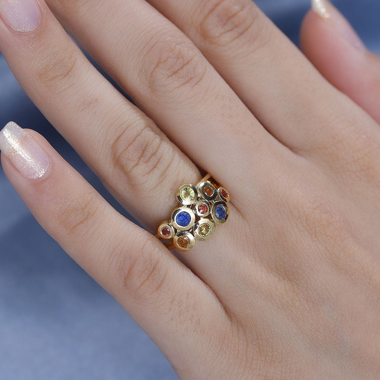 Blue Sapphire, Yellow Sapphire, Orange Sapphire, Red Sapphire Bubble Ring in 18K Yellow Gold Vermeil Plated Sterling Silver 1.279  Ct. 7829294 2