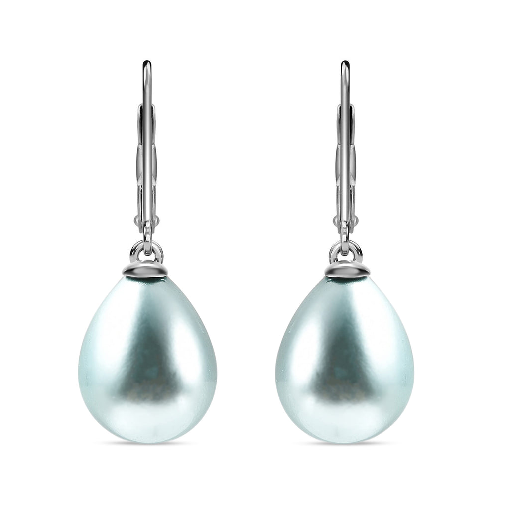 Blue Shell Pearl Drop Lever Back Earrings With Lever Back in Rhodium Overlay Sterling Silver 27.0 Ct
