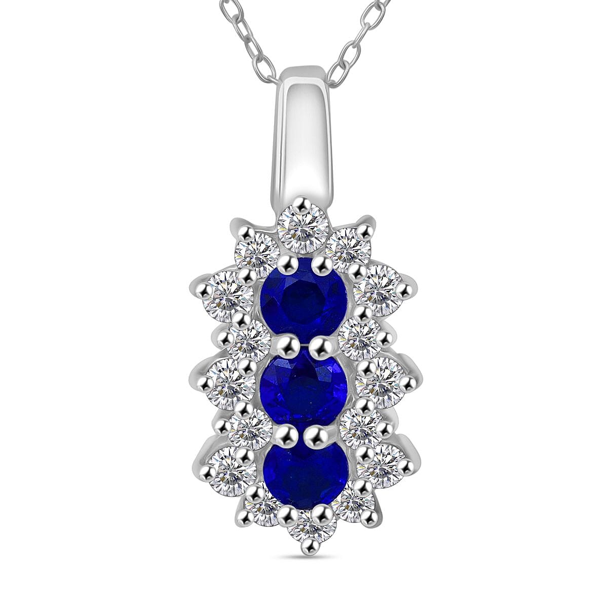 Premium Vietnamese Cobalt Blue Spinel &amp; Moissanite Trilogy Vertical Cluster Pendant with Chain (Size - 20) in Rhodium Overlay Sterling Silver 1.54 Ct. 4335532 0