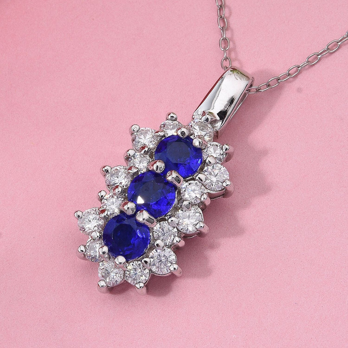 Premium Vietnamese Cobalt Blue Spinel &amp; Moissanite Trilogy Vertical Cluster Pendant with Chain (Size - 20) in Rhodium Overlay Sterling Silver 1.54 Ct. 4335532 2