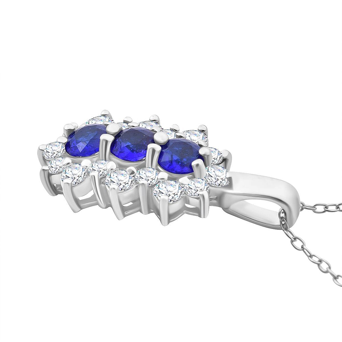 Premium Vietnamese Cobalt Blue Spinel &amp; Moissanite Trilogy Vertical Cluster Pendant with Chain (Size - 20) in Rhodium Overlay Sterling Silver 1.54 Ct. 4335532 3