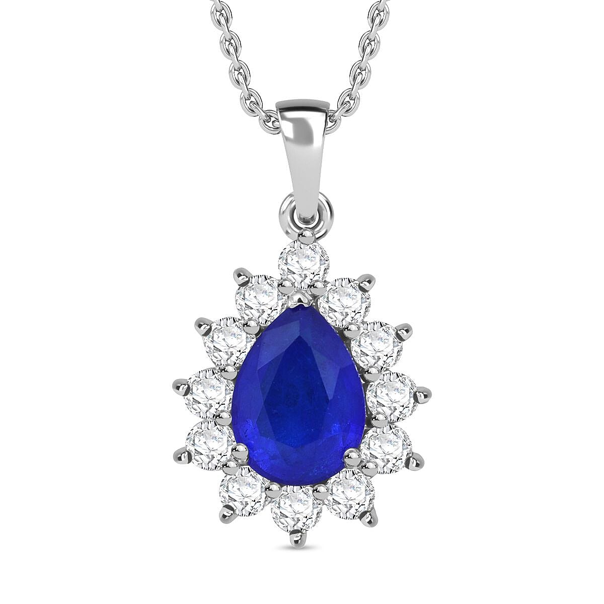 Premium Vietnamese Cobalt Blue Spinel &amp; Moissanite Halo Pendant with Chain (Size - 20) in Rhodium Overlay Sterling Silver 4.45 Ct. 4335535 0