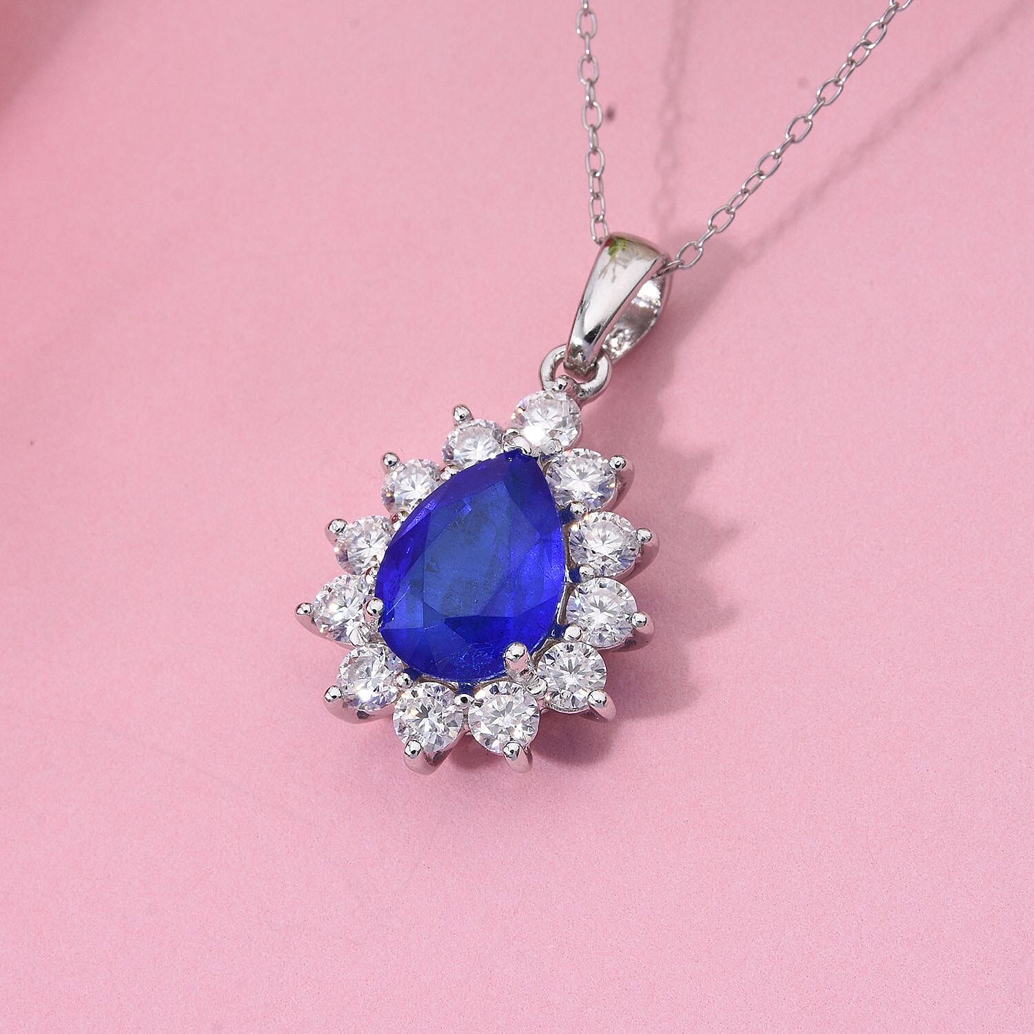 Premium Vietnamese Cobalt Blue Spinel &amp; Moissanite Halo Pendant with Chain (Size - 20) in Rhodium Overlay Sterling Silver 4.45 Ct. 4335535 1