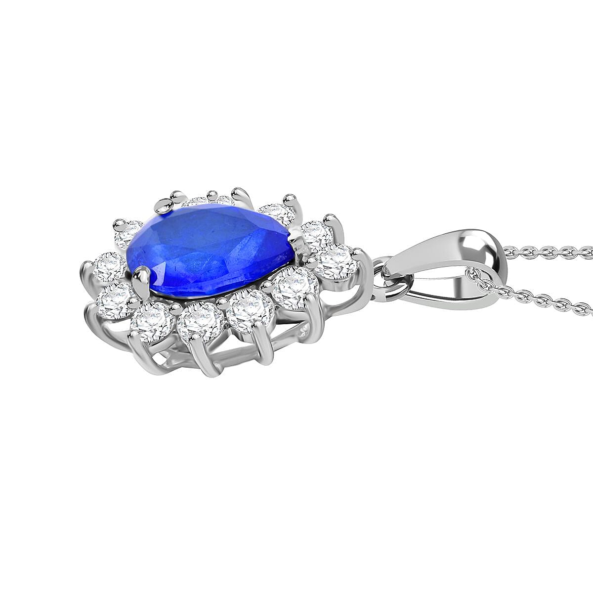 Premium Vietnamese Cobalt Blue Spinel &amp; Moissanite Halo Pendant with Chain (Size - 20) in Rhodium Overlay Sterling Silver 4.45 Ct. 4335535 3
