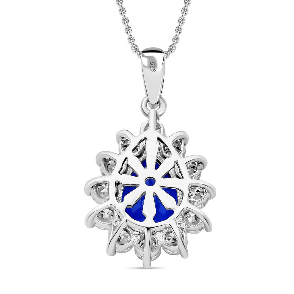 Premium Vietnamese Cobalt Blue Spinel & Moissanite Halo Pendant with Chain (Size - 20) in Rhodium Overlay Sterling Silver 4.45 Ct.