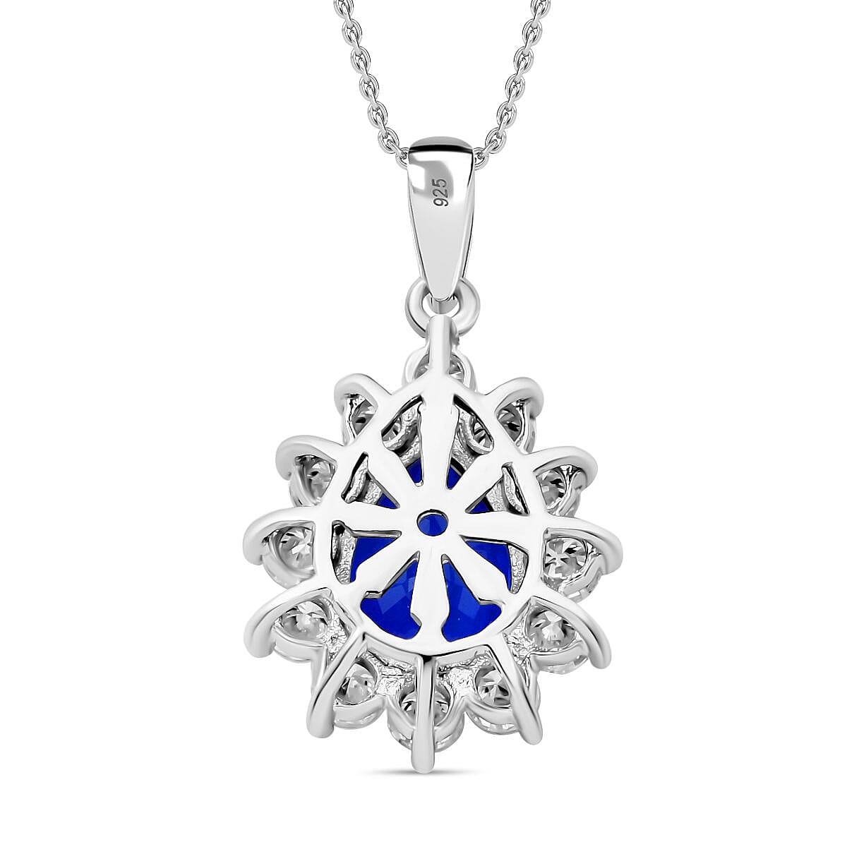 Premium Vietnamese Cobalt Blue Spinel &amp; Moissanite Halo Pendant with Chain (Size - 20) in Rhodium Overlay Sterling Silver 4.45 Ct. 4335535 4