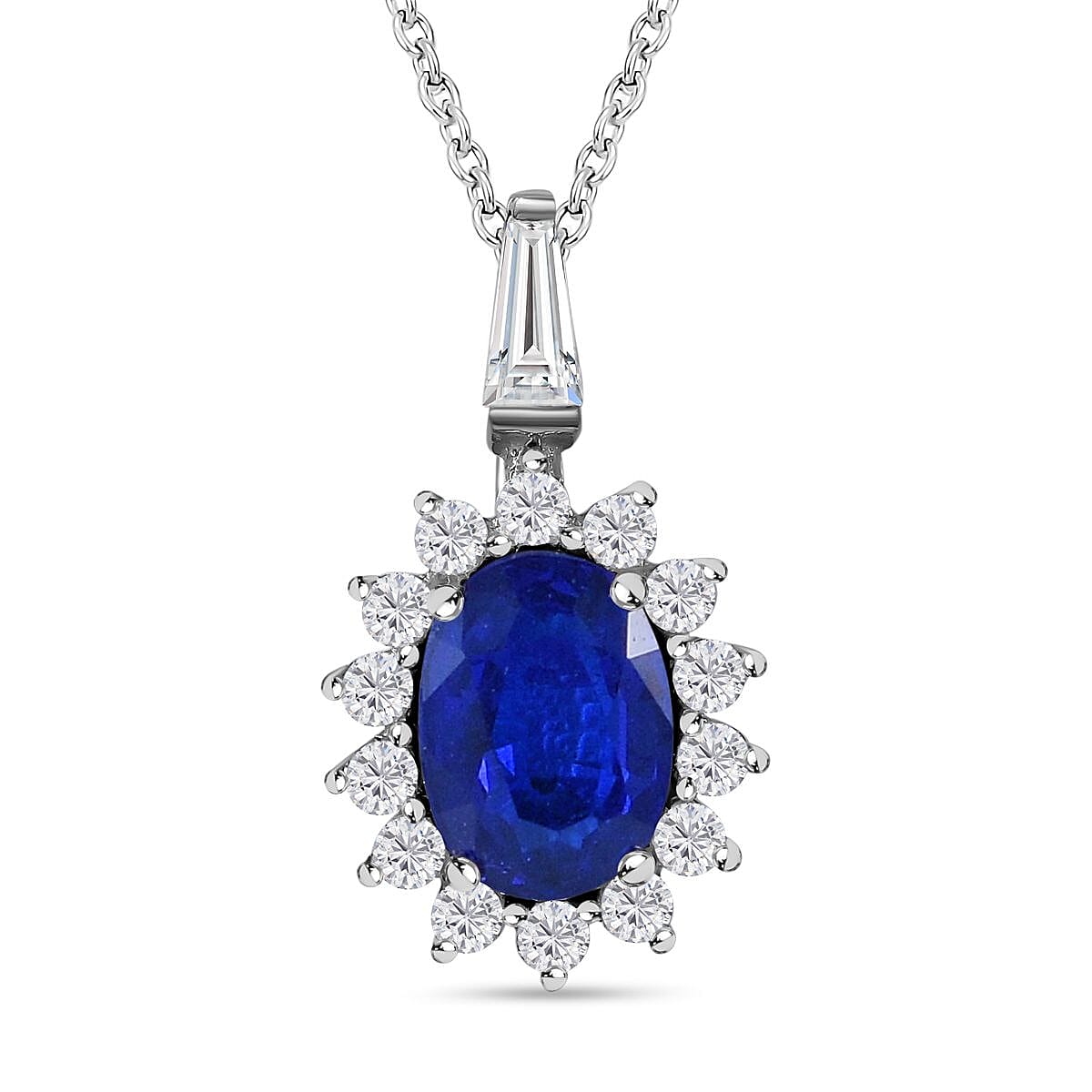 Tanzanian Blue Spinel &amp; Natural Zircon Halo Pendant with Chain (Size 20) in Rhodium Overlay Sterling Silver 1.28 Ct. 4196484 0
