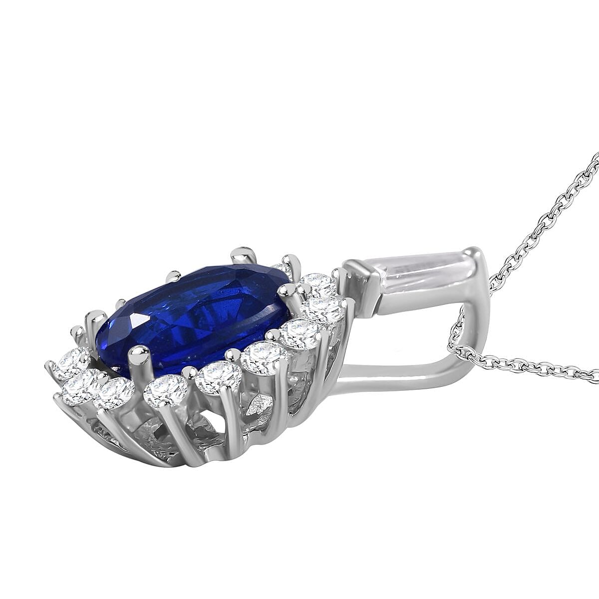 Tanzanian Blue Spinel &amp; Natural Zircon Halo Pendant with Chain (Size 20) in Rhodium Overlay Sterling Silver 1.28 Ct. 4196484 4