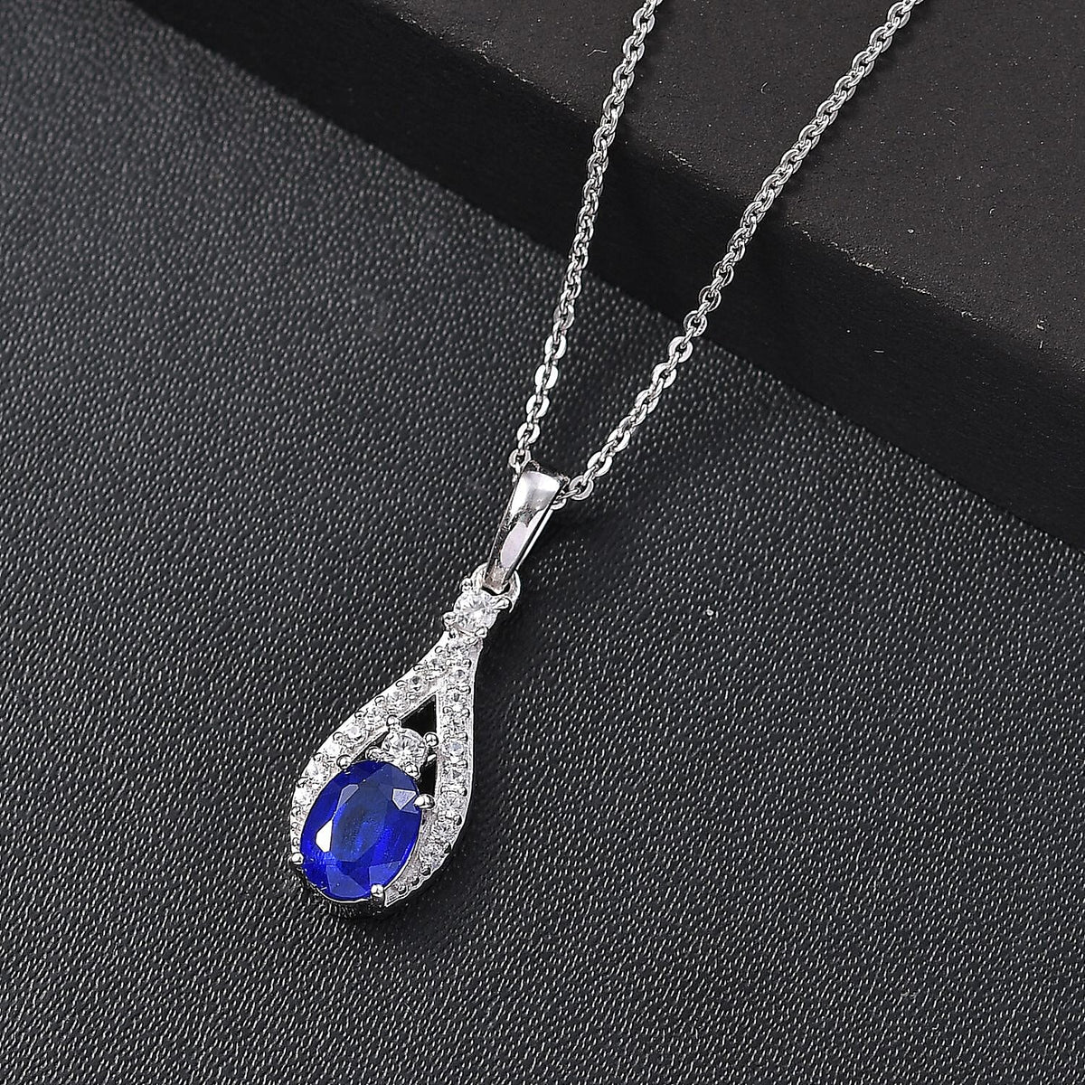 Premium Vietnamese Cobalt Blue Spinel &amp; White Zircon Pendant with Chain (Size - 20) in Rhodium Overlay Sterling Silver 1.16 Ct. 4327265 3