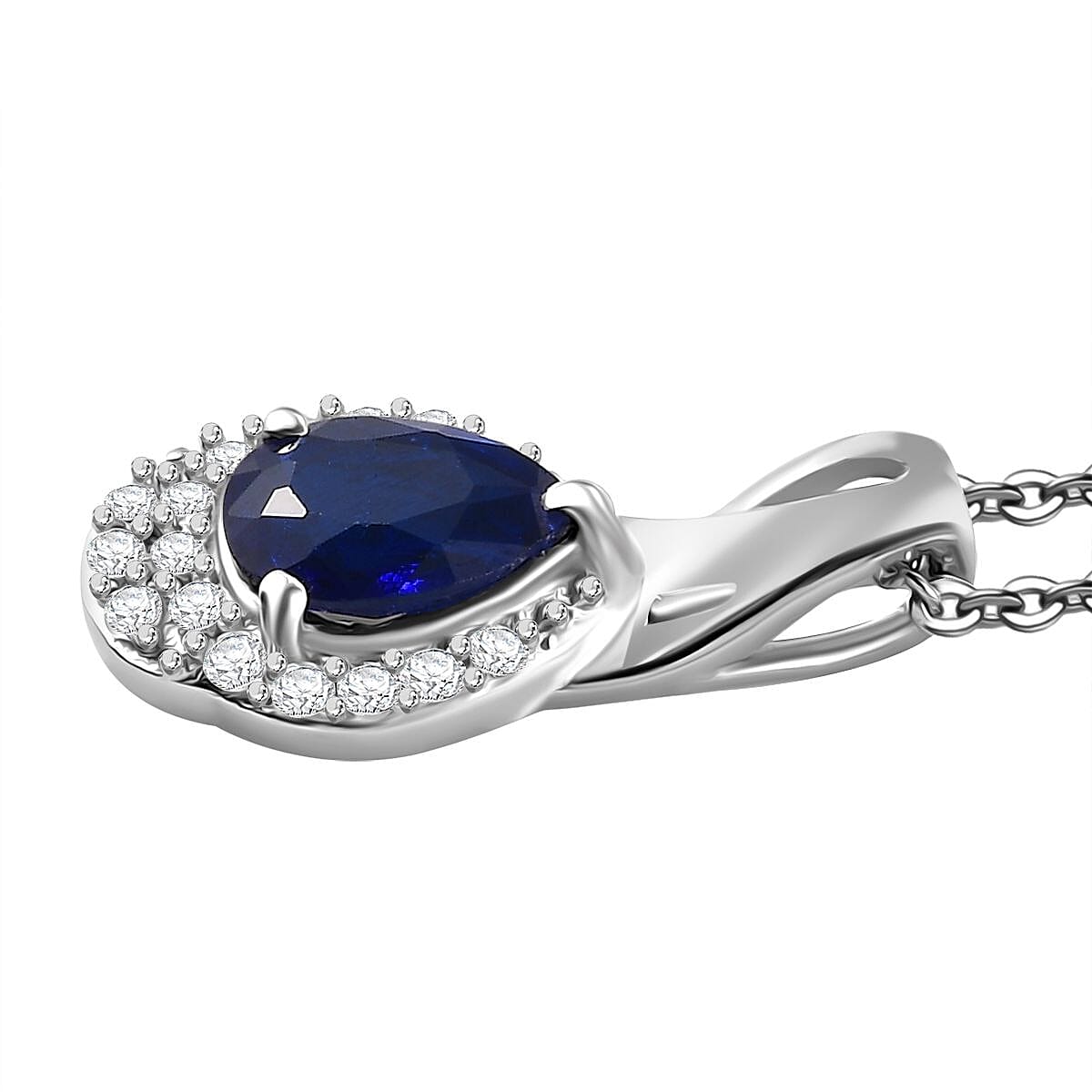 Premium Vietnamese Cobalt Blue Spinel &amp; White Zircon Pendant with Chain (Size - 20) in Rhodium Overlay Sterling Silver 0.82 Ct. 4327320 4