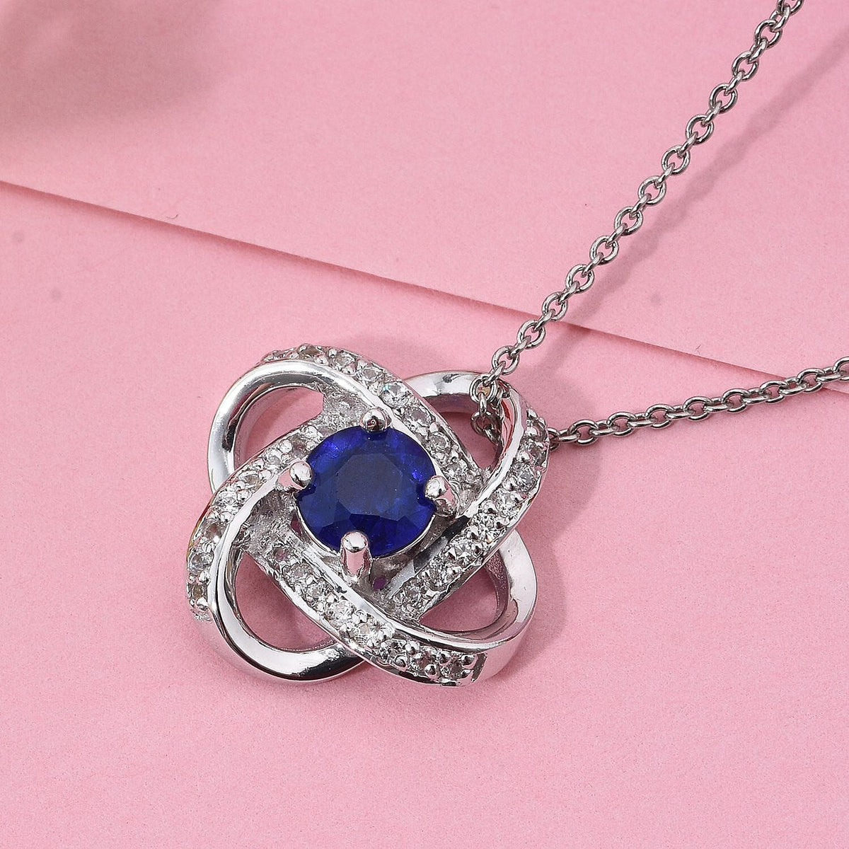 Premium Vietnamese Cobalt Blue Spinel &amp; White Zircon Pendant with Chain (Size 20) in Rhodium Overlay Sterling Silver 1.56 Ct. V32672993 1