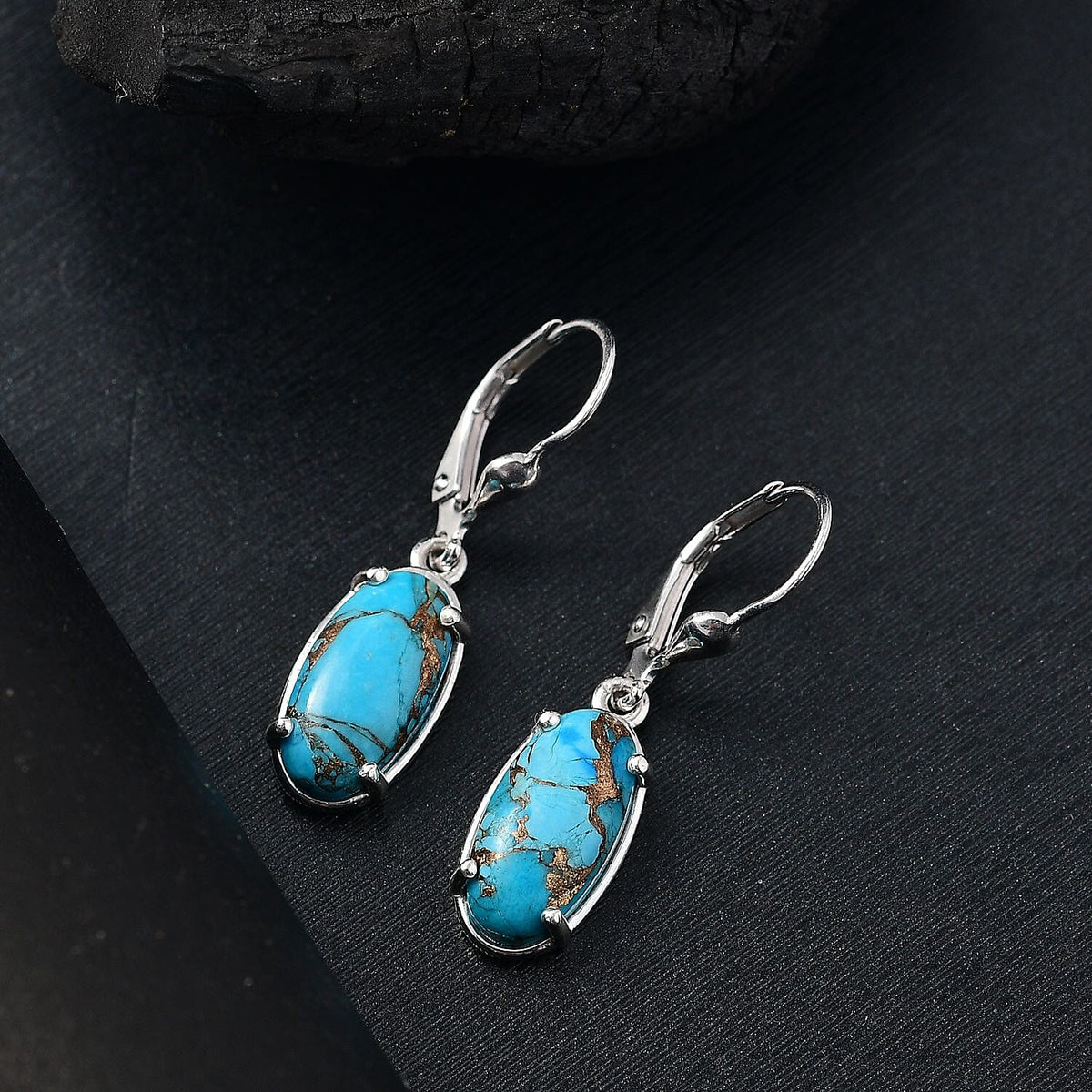 Tucson Find- Blue Turquoise Earring with Lever Back in Rhodium Overlay Sterling Silver 6.11 Ct. V32610573 2