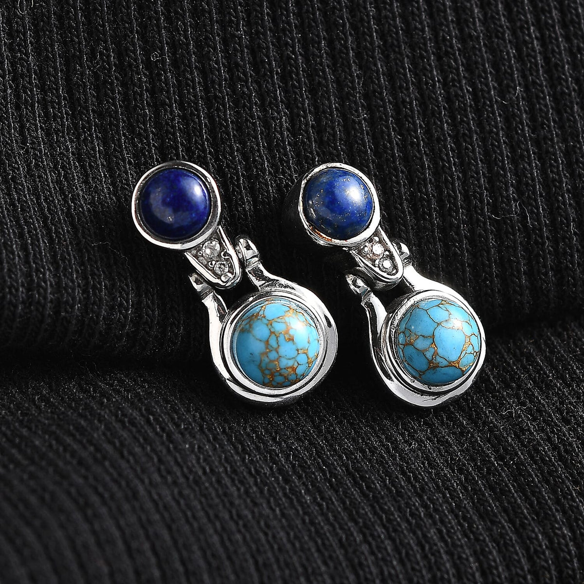 Tucson Find- Blue Turquoise, Lapis Lazuli &amp; White Zircon Push Back Earrings 3.46 Ct. 8113036 2