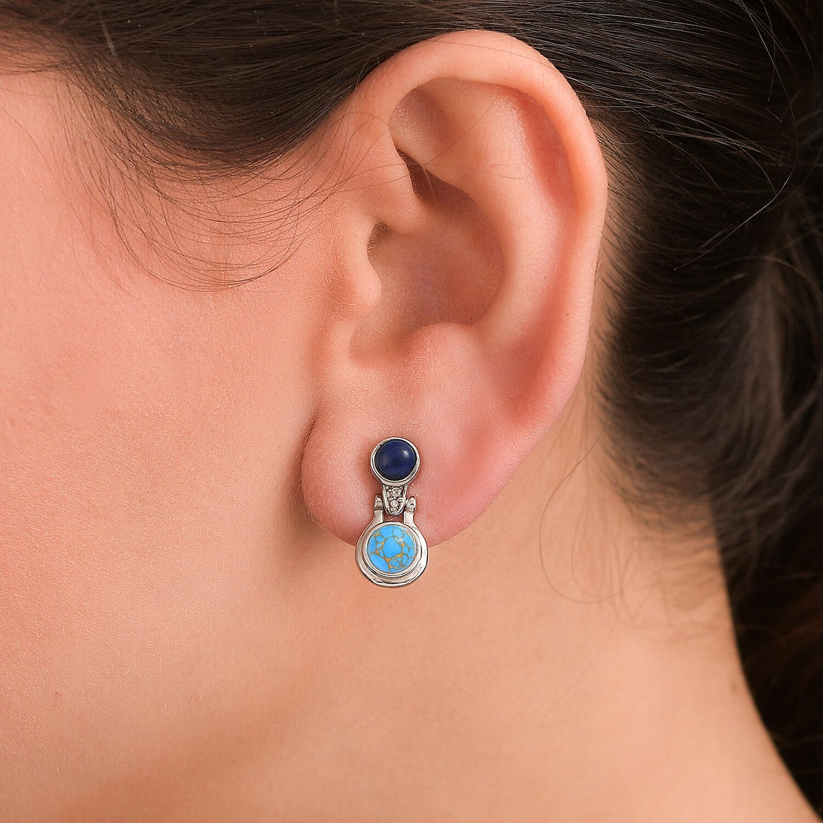 Tucson Find- Blue Turquoise, Lapis Lazuli &amp; White Zircon Push Back Earrings 3.46 Ct. 8113036 3