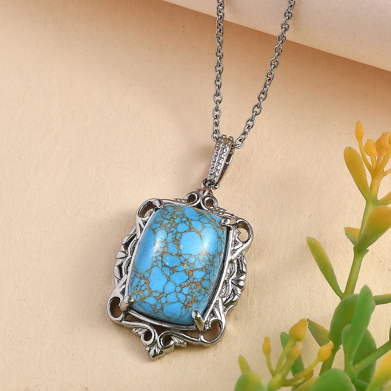 Blue Turquoise Solitaire Pendant with Chain (Size 20) in Stainless Steel 14.600  Ct. 4311306 2
