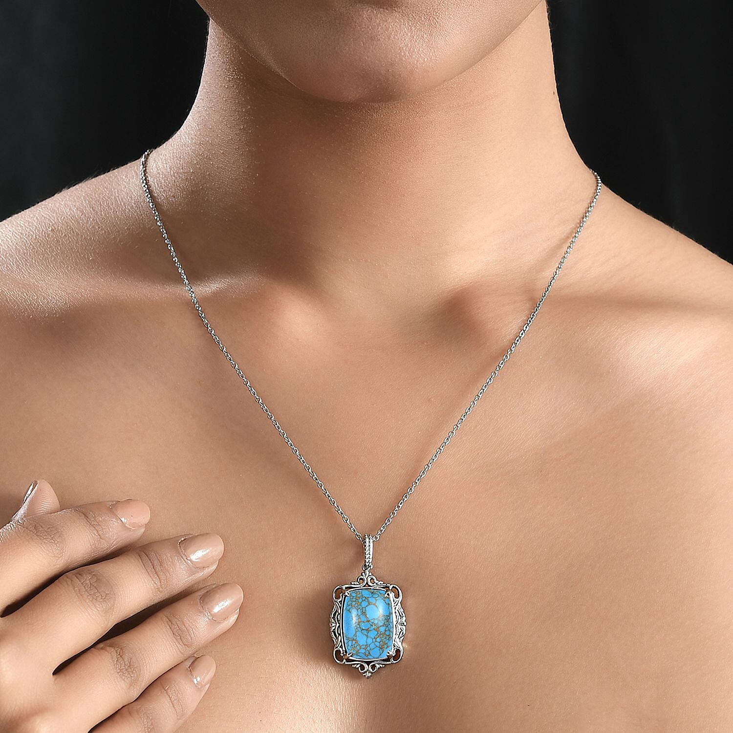 Blue Turquoise Solitaire Pendant with Chain (Size 20) in Stainless Steel 14.600  Ct. 4311306 3