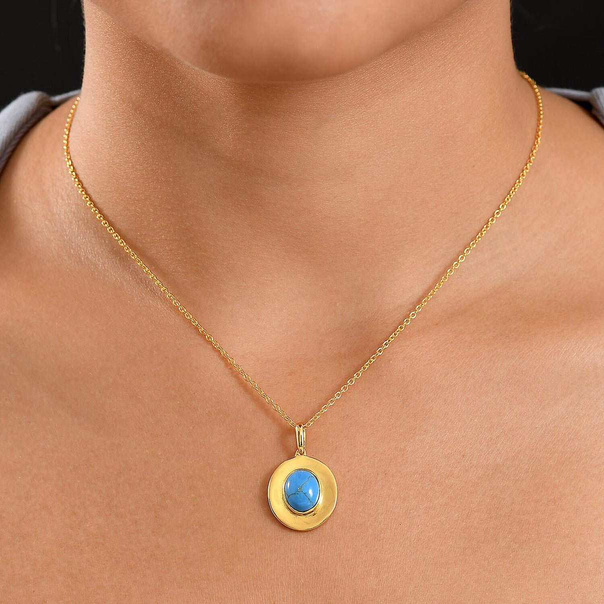 Tucson Find - Blue Turquoise Pendant with Chain (Size 20) in Yellow Gold Plating 2.35 Ct. 4396518 2