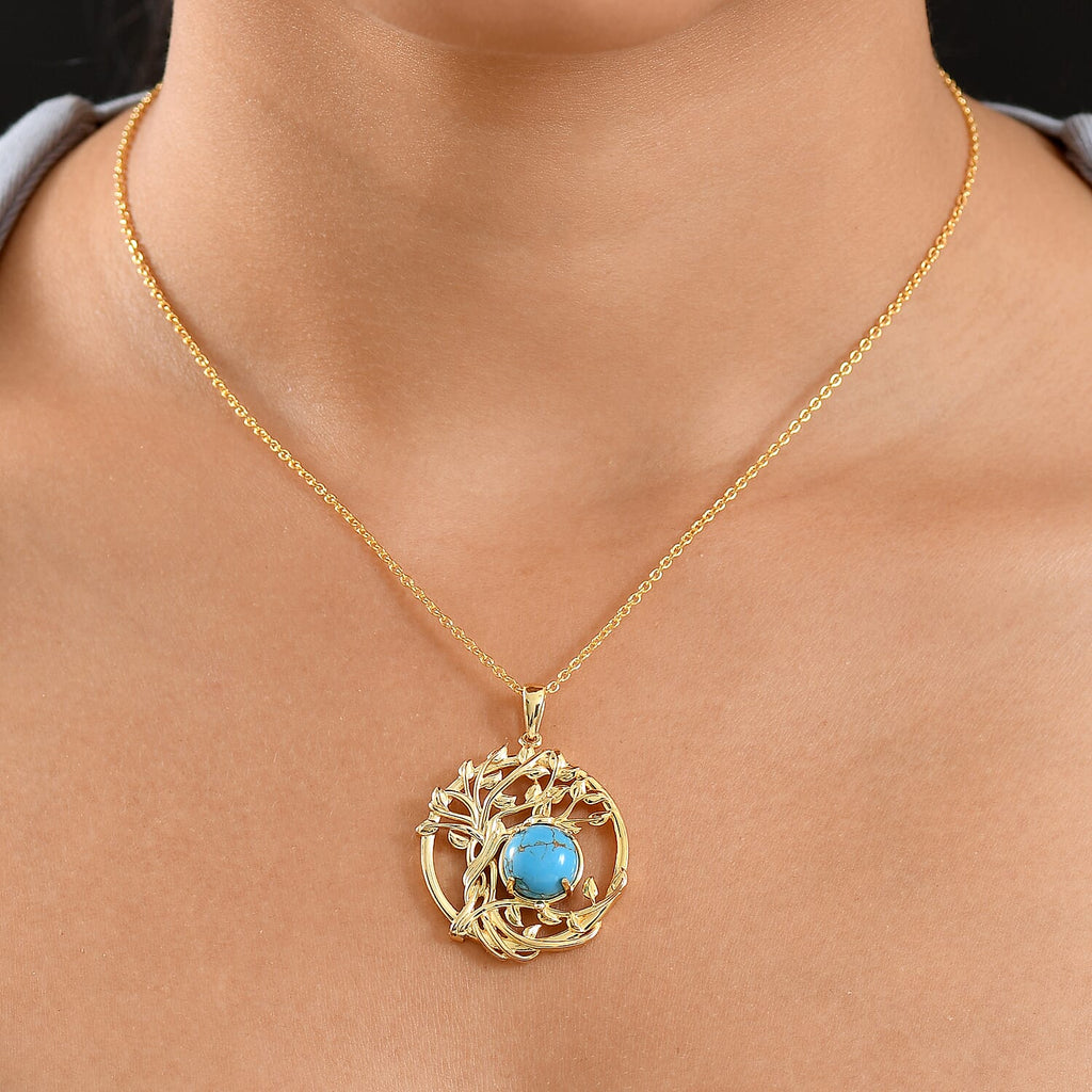 Tucson Find - Blue Turquoise Leaf Pendant with Chain (Size 20) in Yellow Gold Plated 3.57 Ct.
