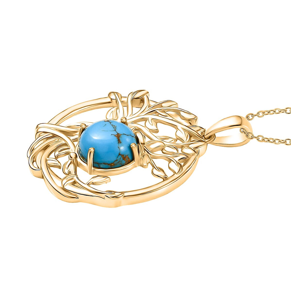 Tucson Find - Blue Turquoise Leaf Pendant with Chain (Size 20) in Yellow Gold Plated 3.57 Ct.