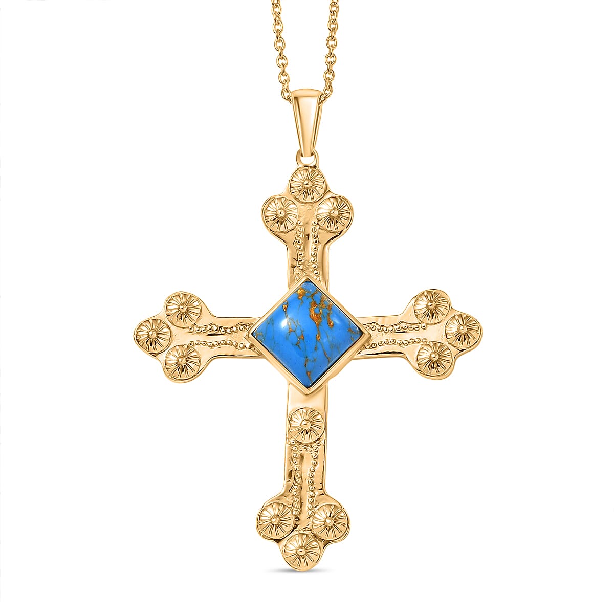 Tucson Find - Blue Turquoise Cross Pendant with Chain (Size 20) in Yellow Gold Plated 4.49 Ct. 4398541 0