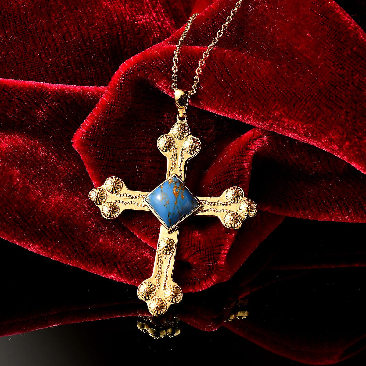 Tucson Find - Blue Turquoise Cross Pendant with Chain (Size 20) in Yellow Gold Plated 4.49 Ct. 4398541 3