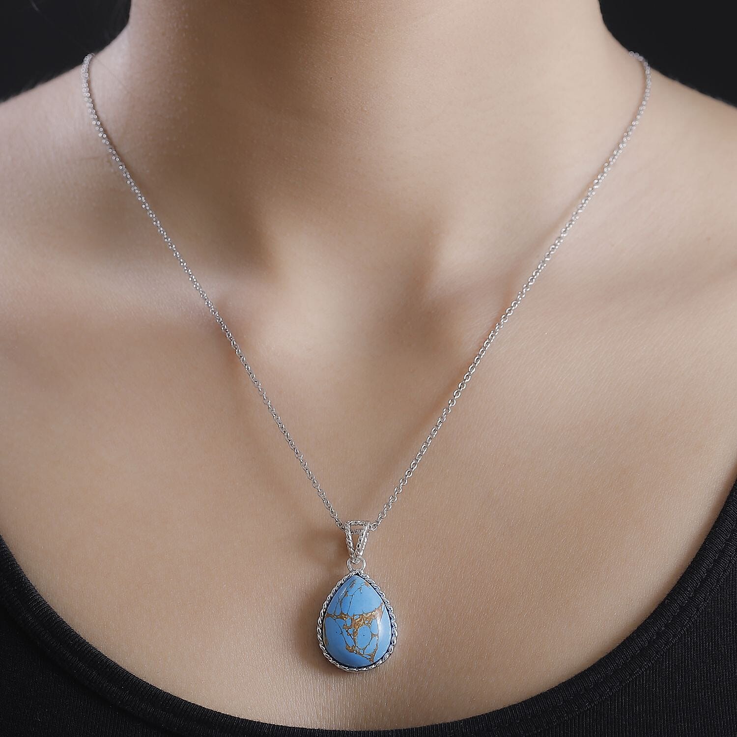 Blue Turquoise Solitaire Drop Pendant with Chain (Size 20) Stainless Steel 14.50 Ct. 4300040 4