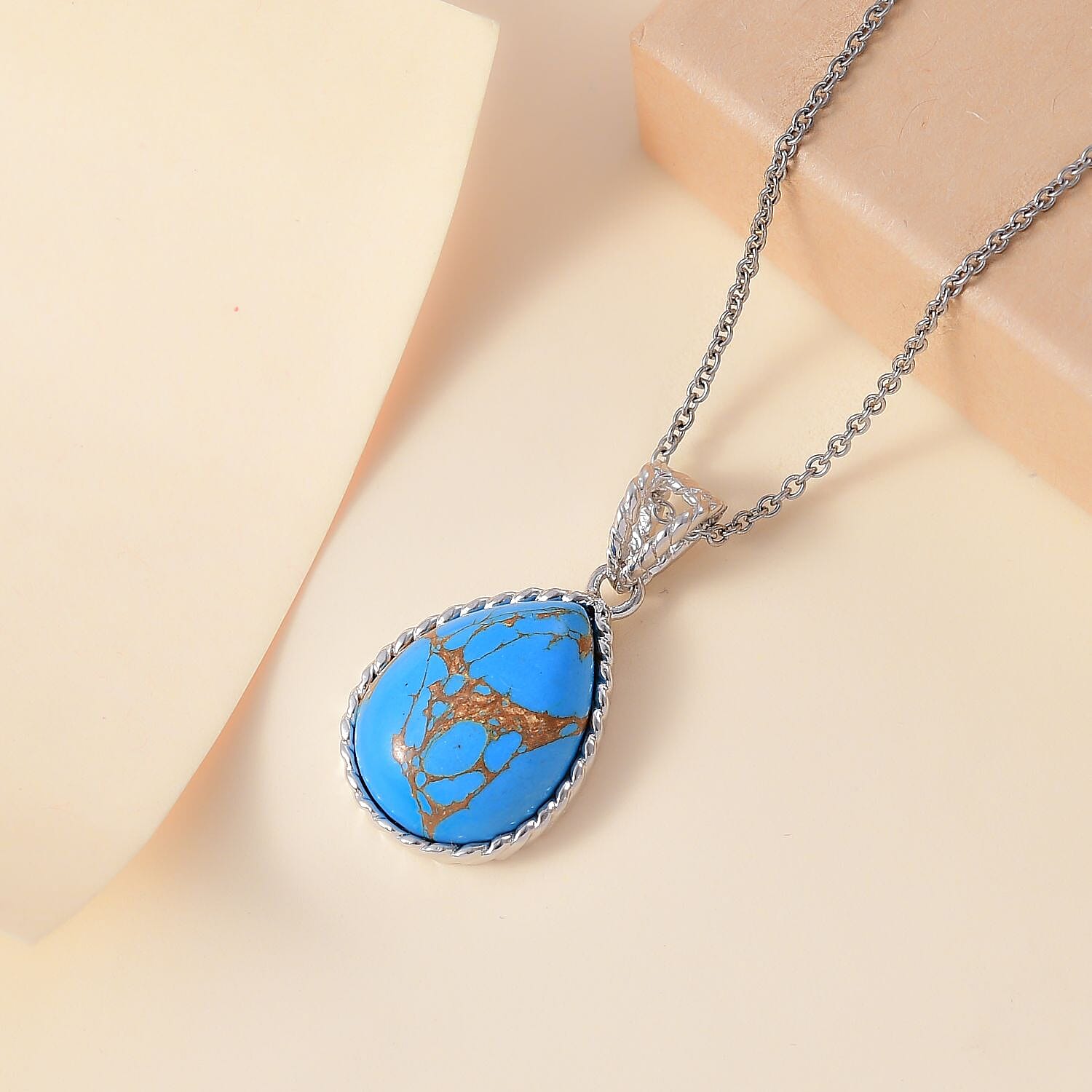 Blue Turquoise Solitaire Drop Pendant with Chain (Size 20) Stainless Steel 14.50 Ct. 4300040 6